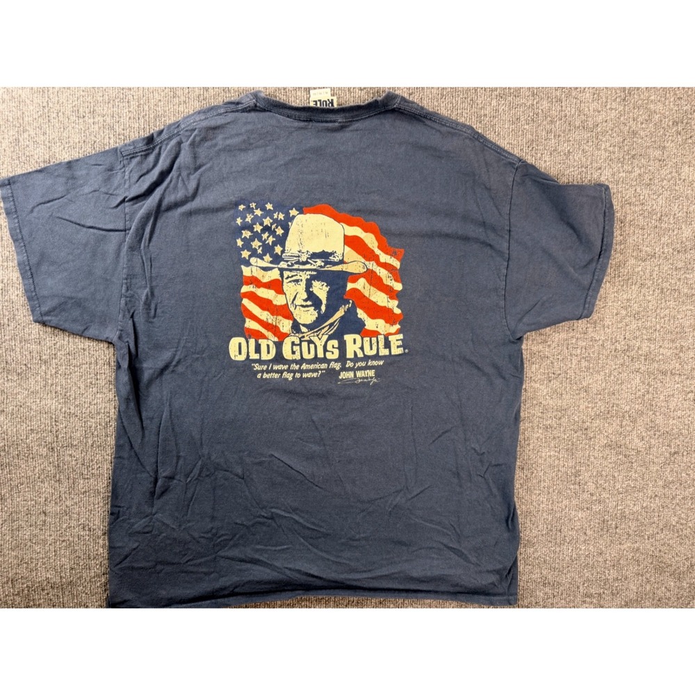 Old Guys Rule Mens XL Blue John Wayne American Flag Graphic Tee Vintage T-Shirt